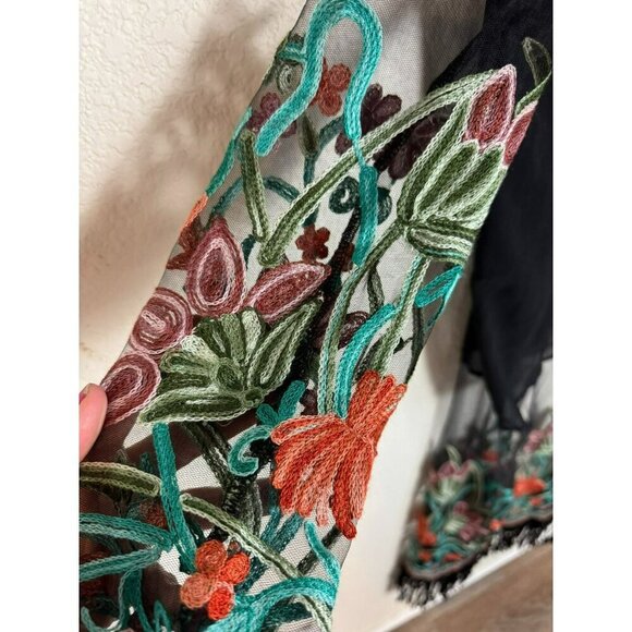 Womens Kimono Cover Up Long Size XXL Black Sheer Floral Embroidered Fringed - Picture 13 of 13